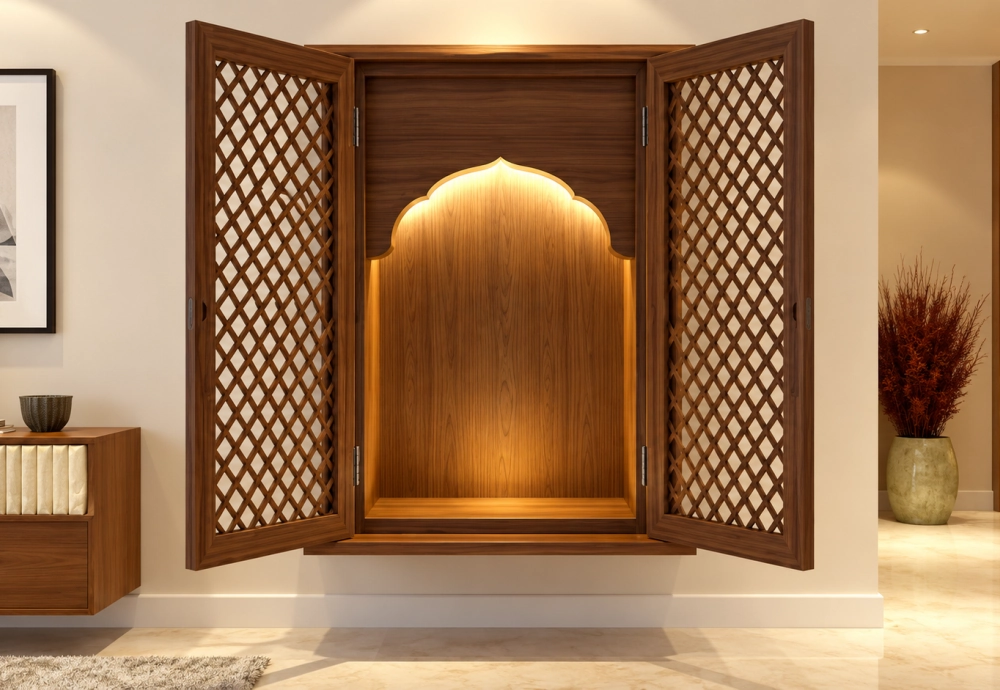 Compact wall-mounted pooja mandir with prayer shelf and back panel in a modern flat